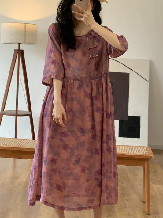 Robe d'été vintage à fleurs et col rond en ramie pour femme OO1013