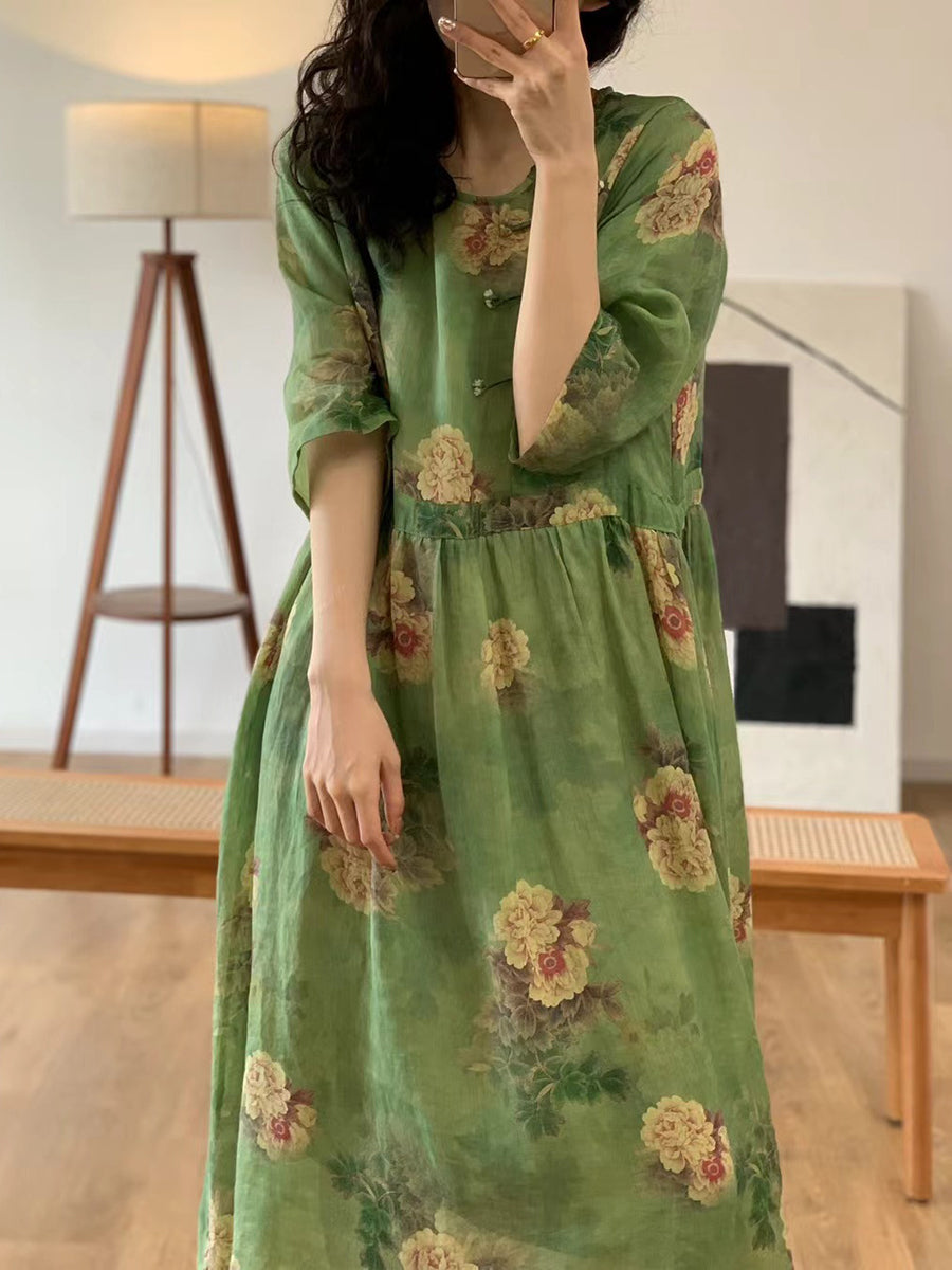 Robe d'été vintage à fleurs et col rond en ramie pour femme OO1013