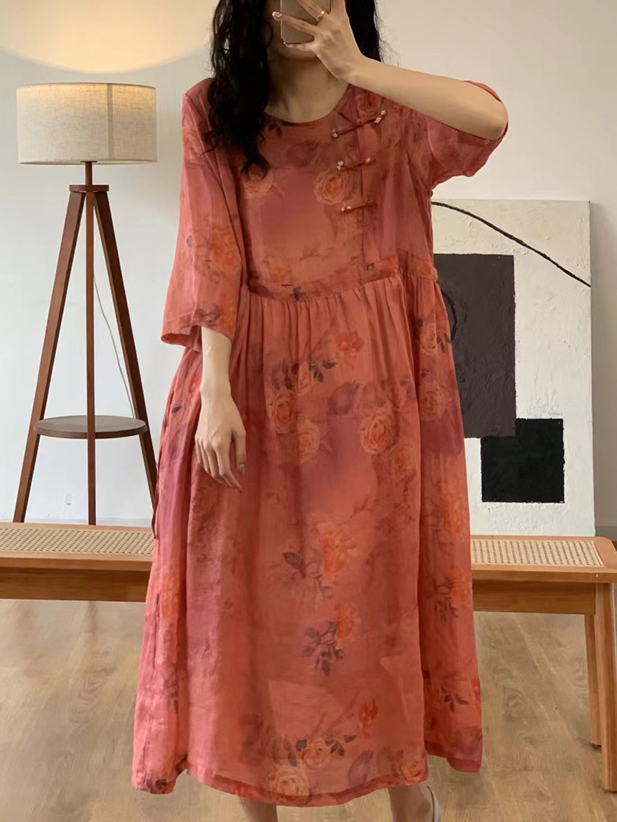 Robe d'été vintage à fleurs et col rond en ramie pour femme OO1013