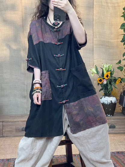 Women Summer Vintage Spliced Button Linen Shirt OO1014