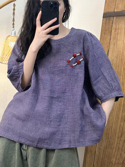 Women Summer Vintage Buckle Solid O-Neck Linen Shirt OO1026