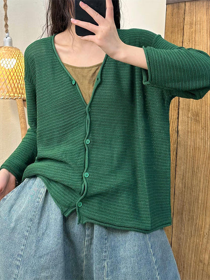 Women Summer Casual Solid Button-Up V-Neck Shirt OO1027