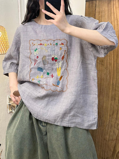 Women Summer Artsy Embroidery Linen Shirt II1055