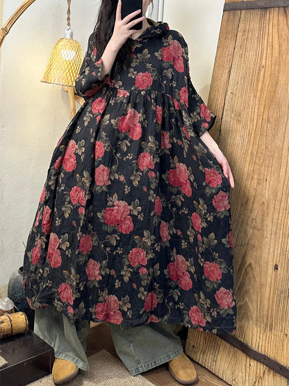 Women Summer Artsy Flower Cotton Hooded Dress II1034