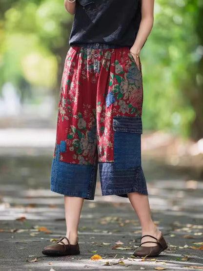 Women Summer Ethnic Floral Spliced Mid-Claf Pants II1037