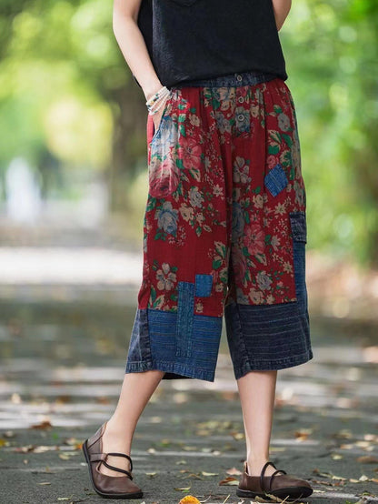 Women Summer Ethnic Floral Spliced Mid-Claf Pants II1037