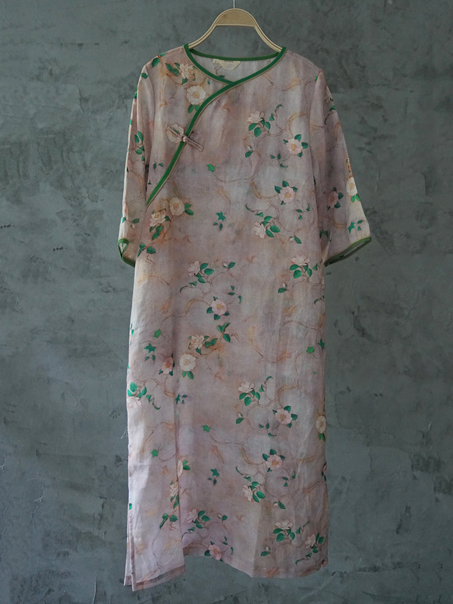 Robe d'été vintage à fleurs en ramie pour femme II1041