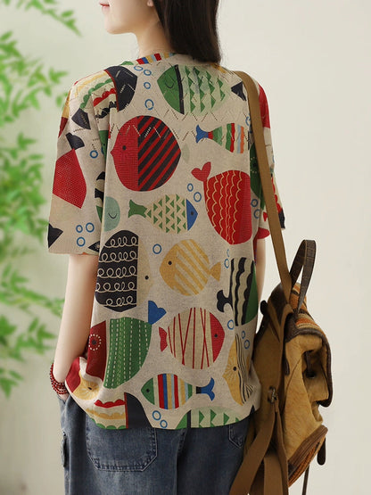 Women Summer Casual Flower O-neck Knitted Shirt II1044