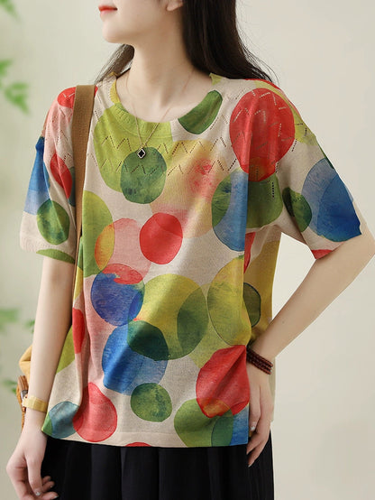 Women Summer Casual Flower O-neck Knitted Shirt II1044