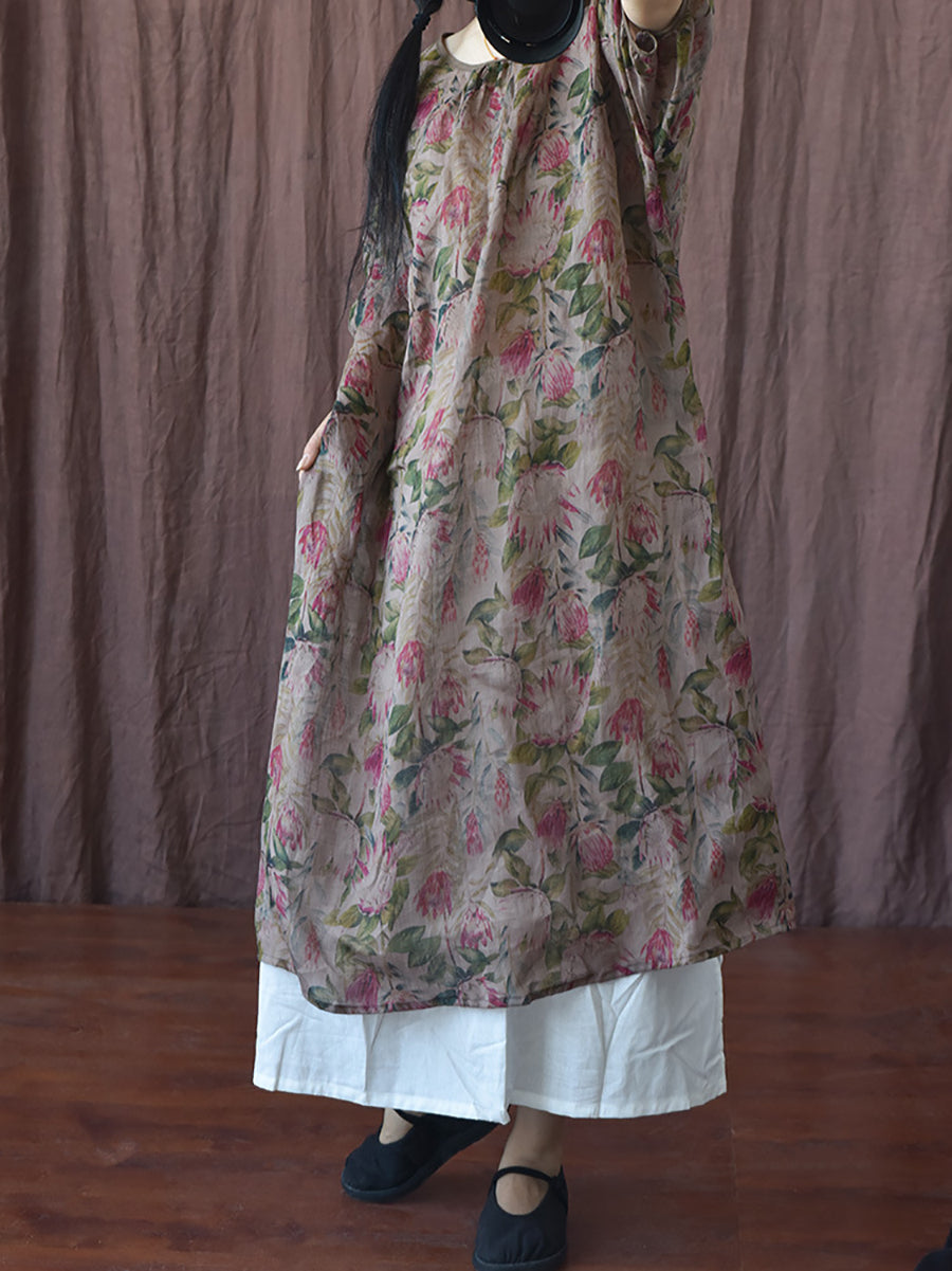 Robe d'été en ramie fine à col rond et motif floral vintage pour femme II1045