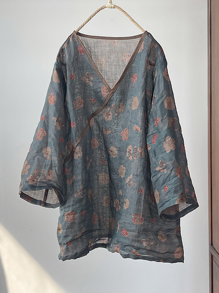 Chemise d'été en ramie à col en V et à fleurs vintage pour femme II1046