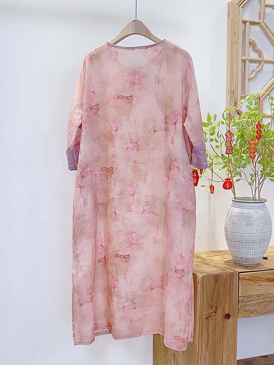 Robe d'été vintage à imprimé floral en ramie pour femme II1051