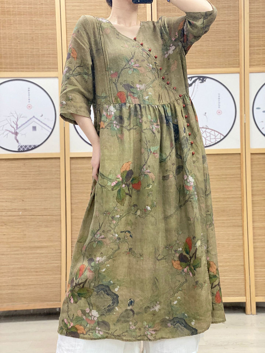 Robe d'été vintage à fleurs et col en V en ramie pour femme OO1039