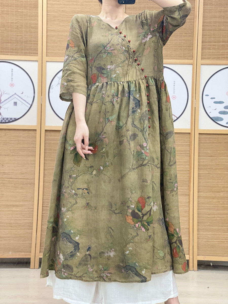 Robe d'été vintage à fleurs et col en V en ramie pour femme OO1039