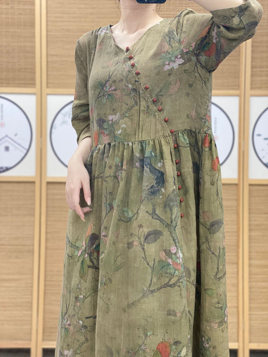 Robe d'été vintage à fleurs et col en V en ramie pour femme OO1039