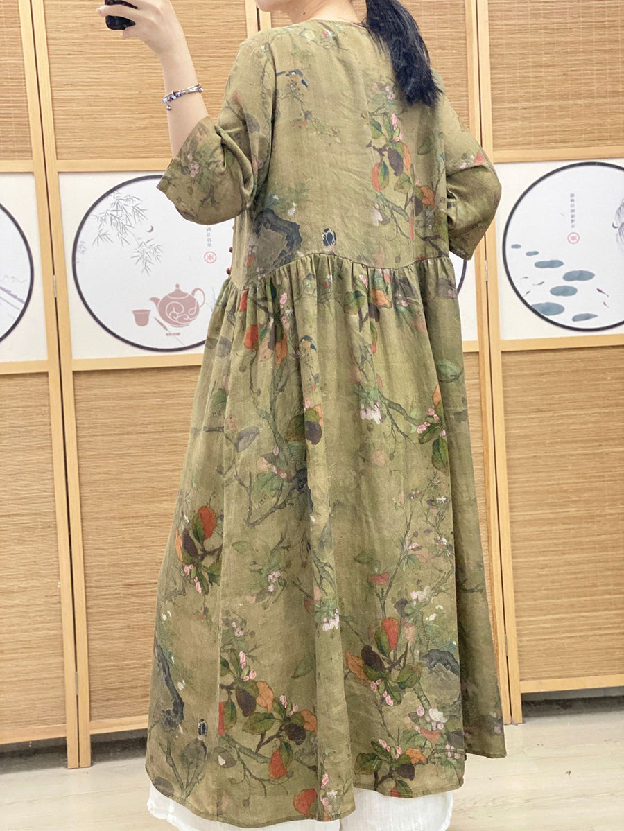 Robe d'été vintage à fleurs et col en V en ramie pour femme OO1039