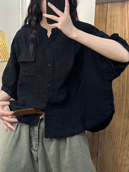 Women Summer Casual Solid Button-Up Cotton Shirt OO1052