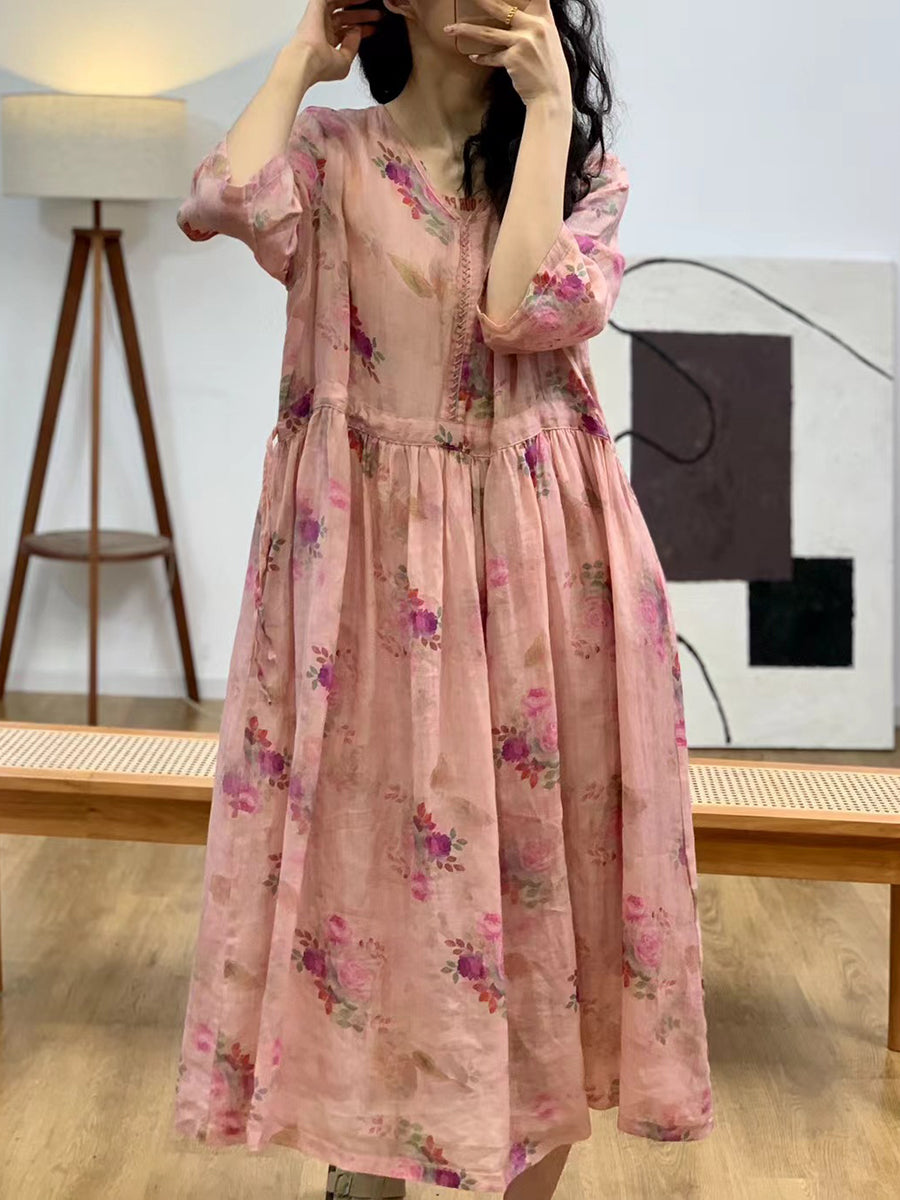 Robe d'été vintage à fleurs et col en V en ramie pour femme II1007