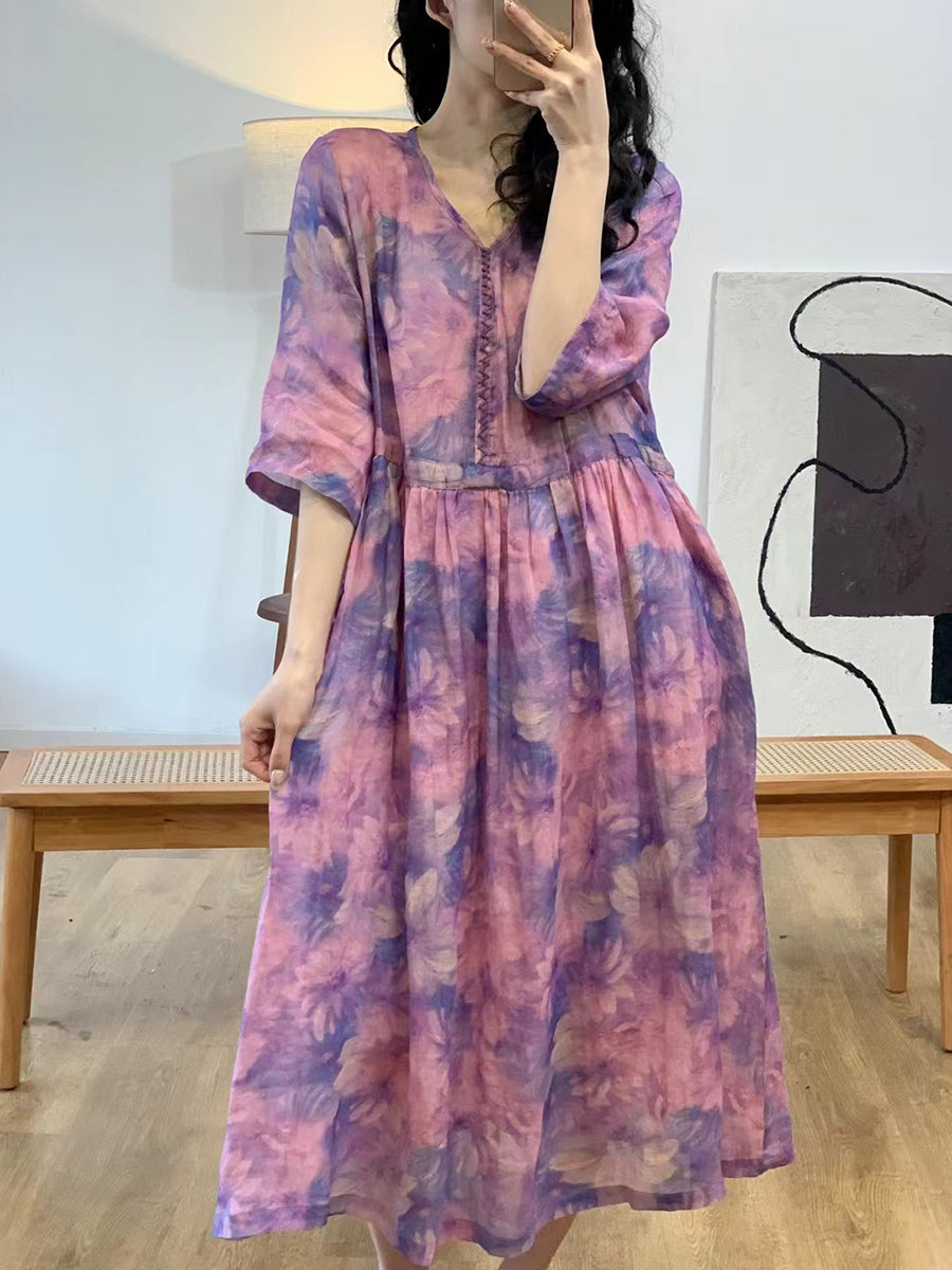 Robe d'été vintage à fleurs et col en V en ramie pour femme II1007