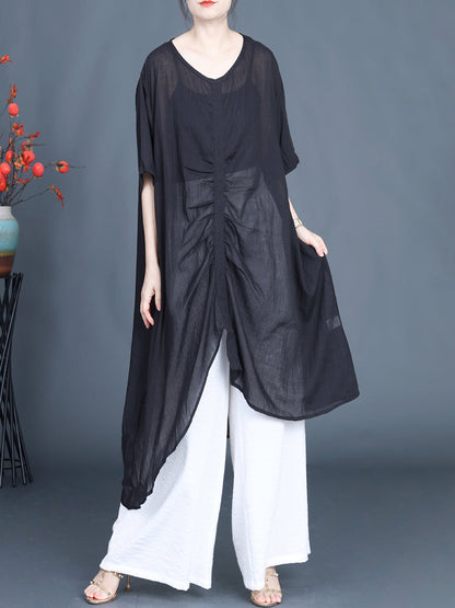 Women Summer Artsy Irregular V-Neck Cotton Linen Shirt PP1023