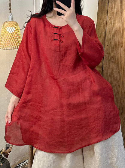 Women Summer Vintage Button O-Neck Ramie Long Shirt PP1022