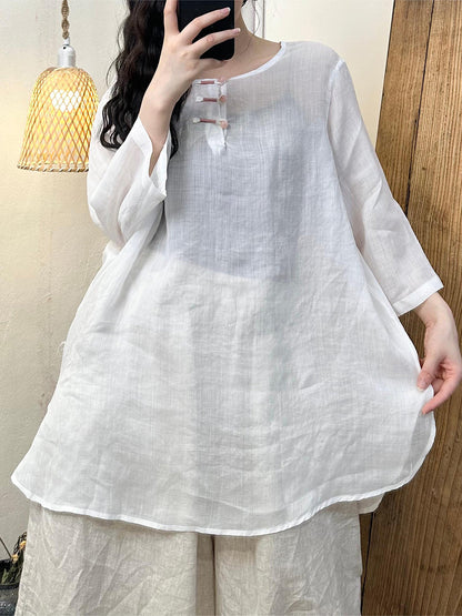 Women Summer Vintage Button O-Neck Ramie Long Shirt PP1022