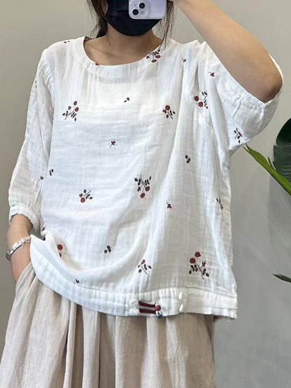 Women Summer Casual Floral Embroidery Cotton Shirt PP1038