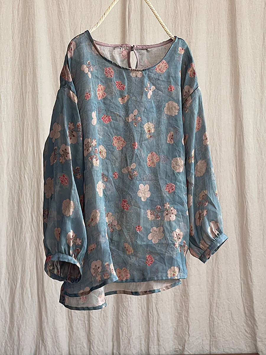 Chemise d'été en ramie à col rond et motif floral vintage pour femme PP1039