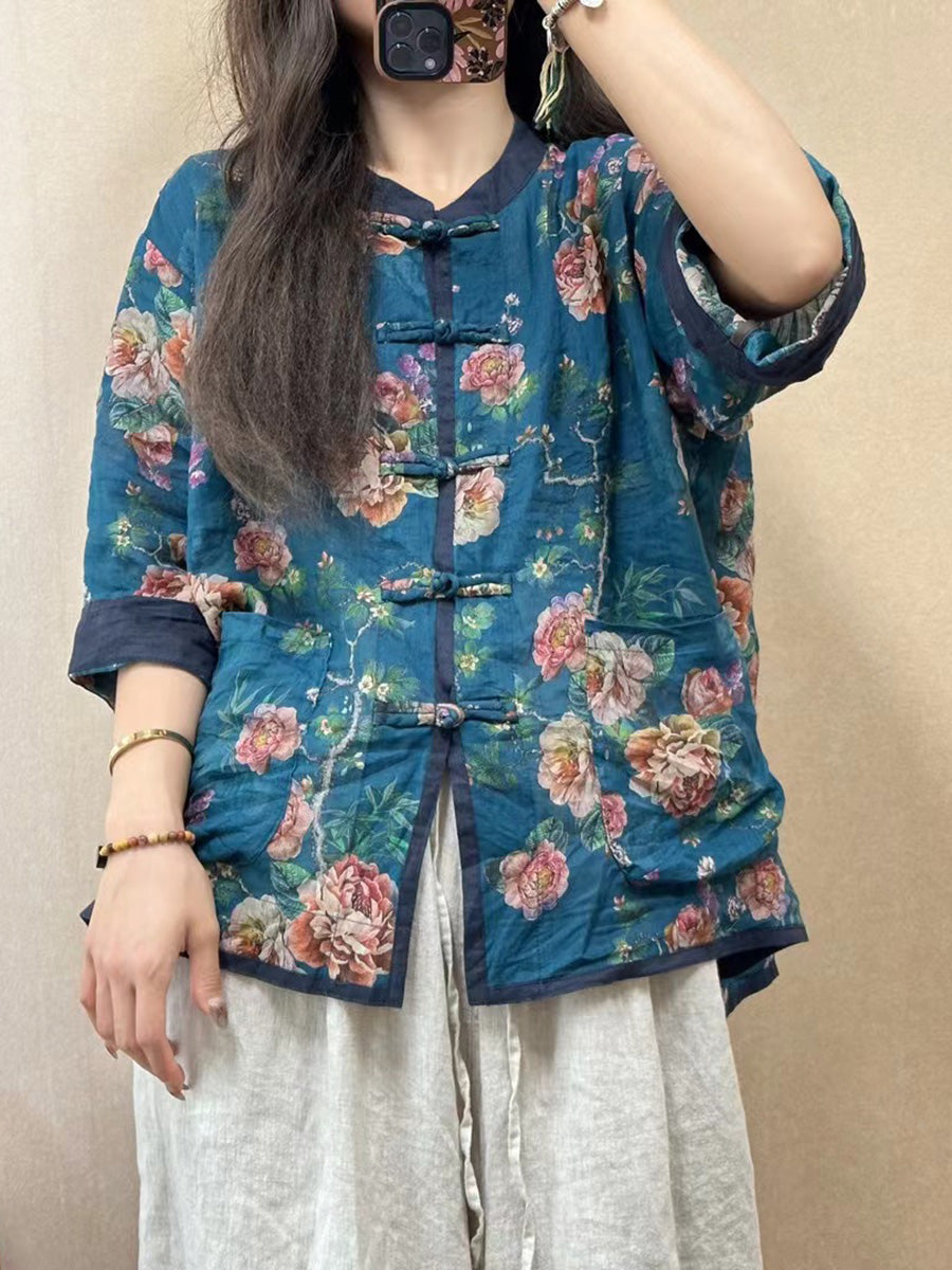 Chemise boutonnée en ramie à fleurs vintage pour femme PP1050