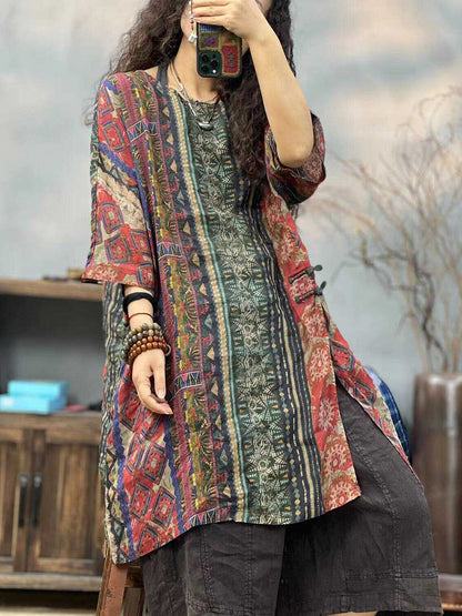 Women Summer Ethnic Print O-Neck Split Hem Shirt PP1003