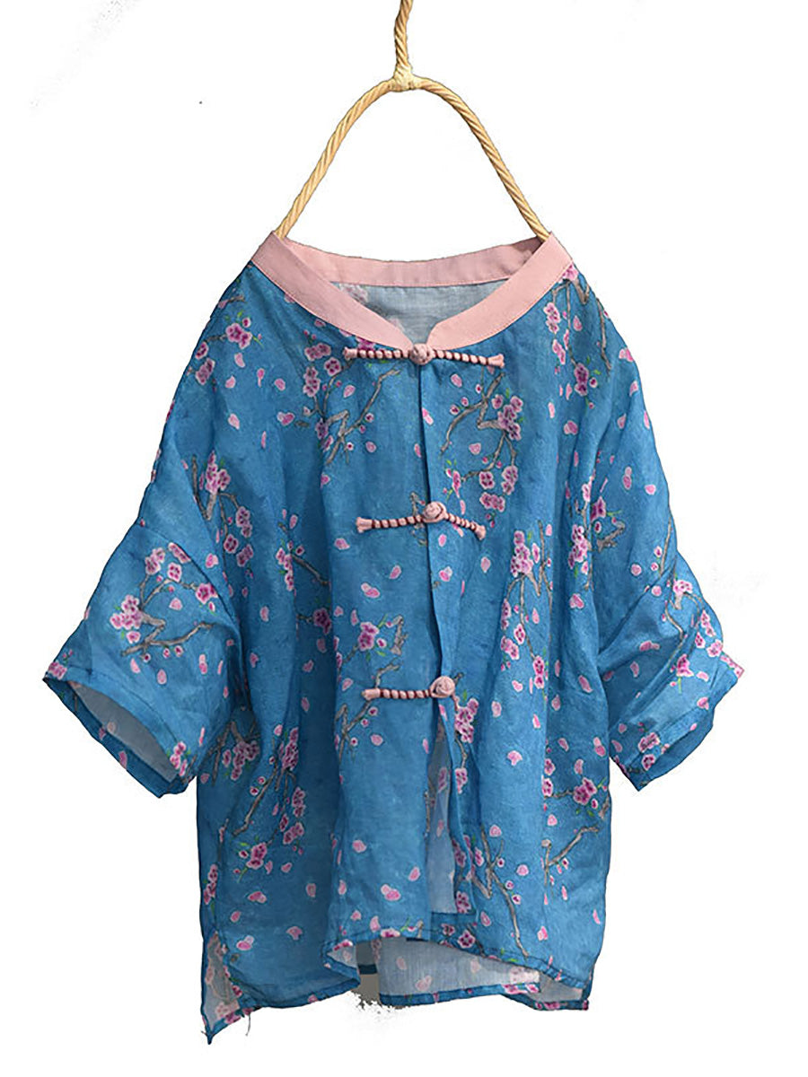 Chemise d'été en ramie à boutons épissés et à fleurs vintage pour femmes PP1004