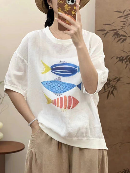 Women Summer Casual Fish Print O-Neck Ramie Shirt PP1007