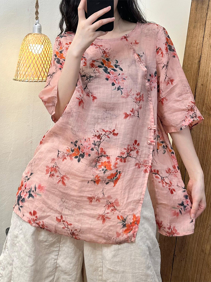 Chemise d'été en ramie à ourlet fendu et à fleurs vintage pour femmes PP1008