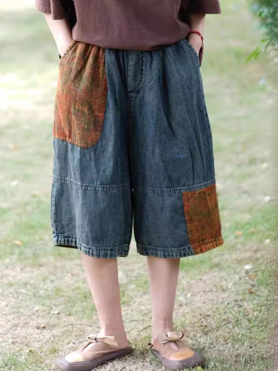 Women Summer Casual Patch Spliced Denim Fifth Pants PP1009