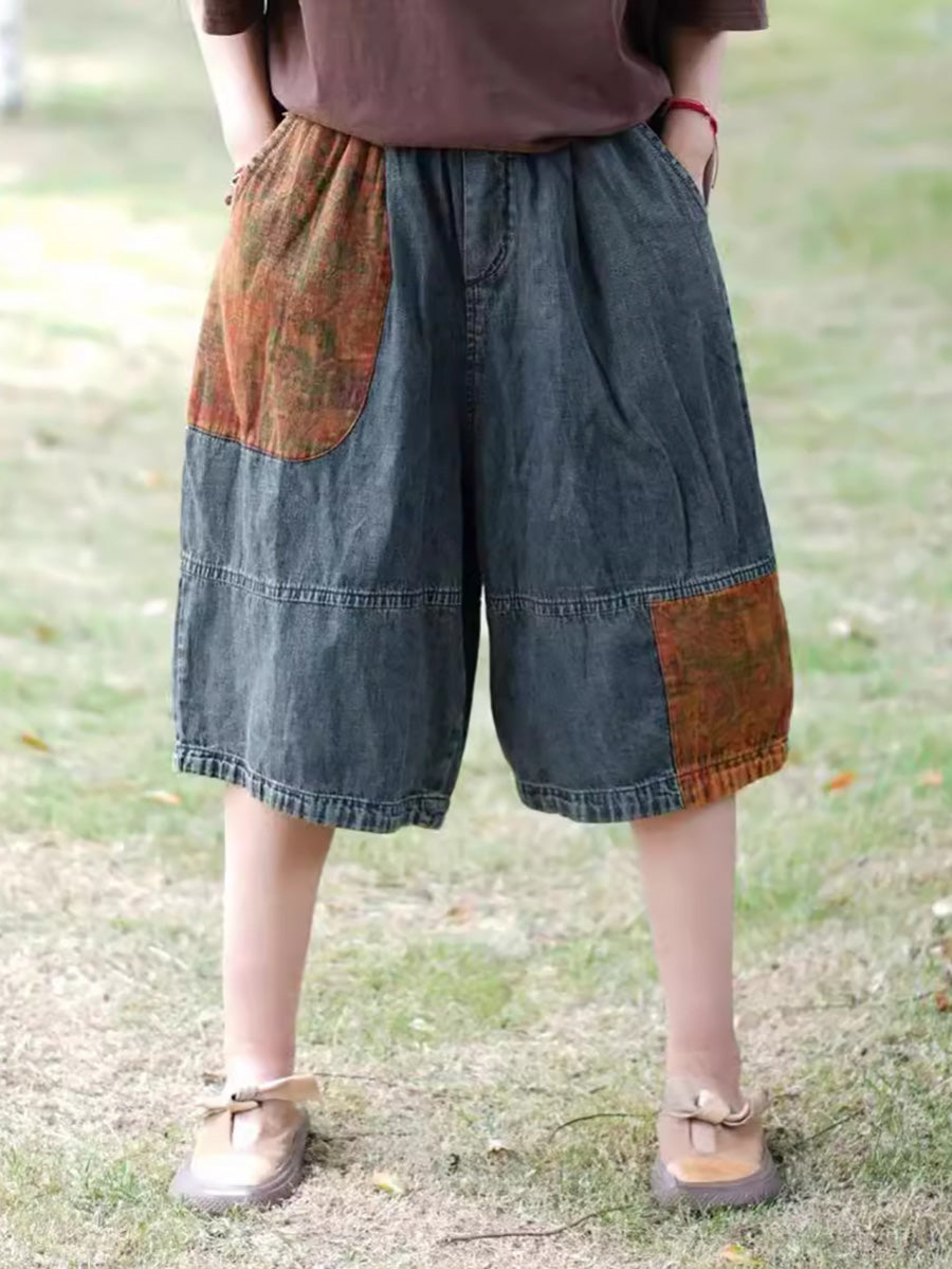 Women Summer Casual Patch Spliced Denim Fifth Pants PP1009