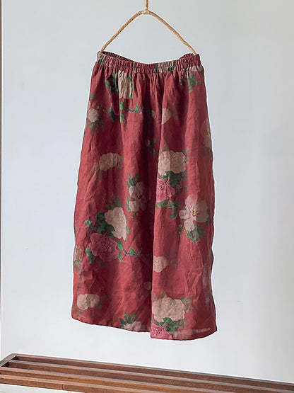 Women Summer Vintage Flower Loose Linen Skirt PP1017