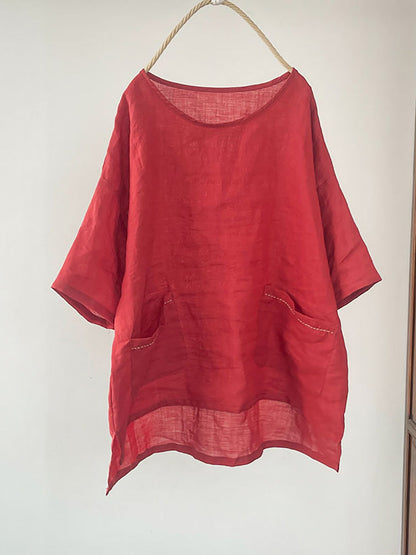 Women Summer Vintage Solid Loose Ramie Shirt PP1016