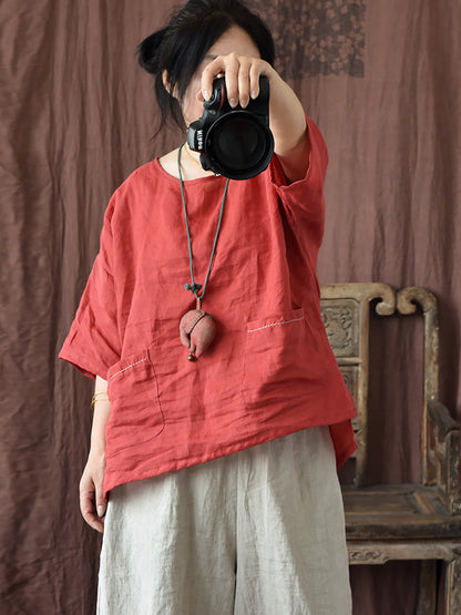 Women Summer Vintage Solid Loose Ramie Shirt PP1016