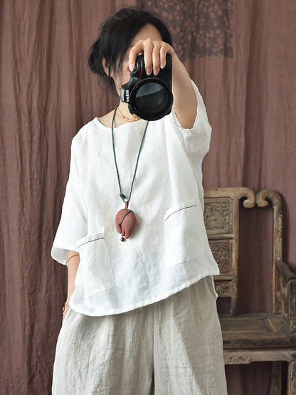 Women Summer Vintage Solid Loose Ramie Shirt PP1016