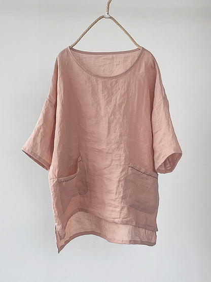 Women Summer Vintage Solid Loose Ramie Shirt PP1016