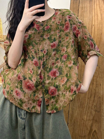 Women Summer Vintage Flower Button-up Ramie Shirt PP1019