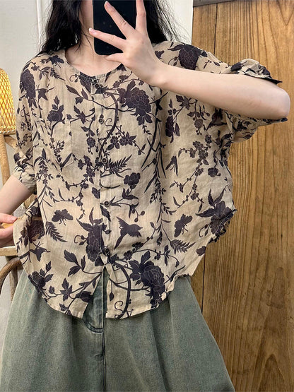 Women Summer Vintage Flower Button-up Ramie Shirt PP1019