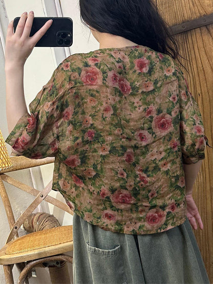 Women Summer Vintage Flower Button-up Ramie Shirt PP1019