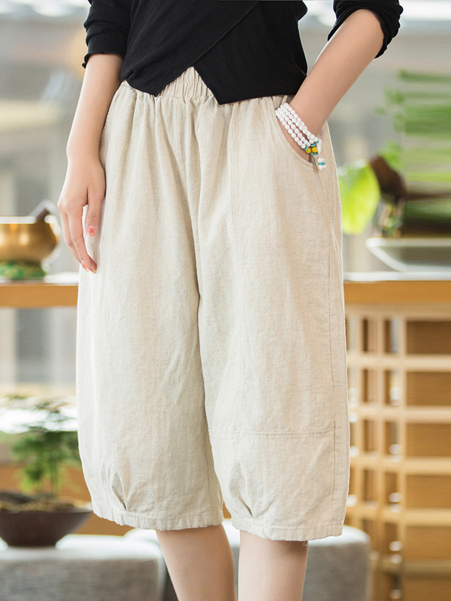 Women Summer Casual Ramie Cotton Solid Fifth Pants HH032