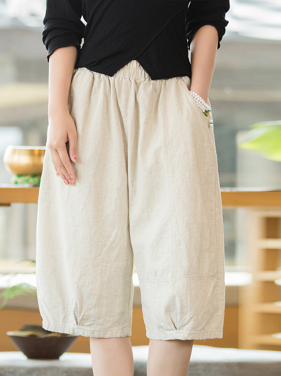 Women Summer Casual Ramie Cotton Solid Fifth Pants HH032