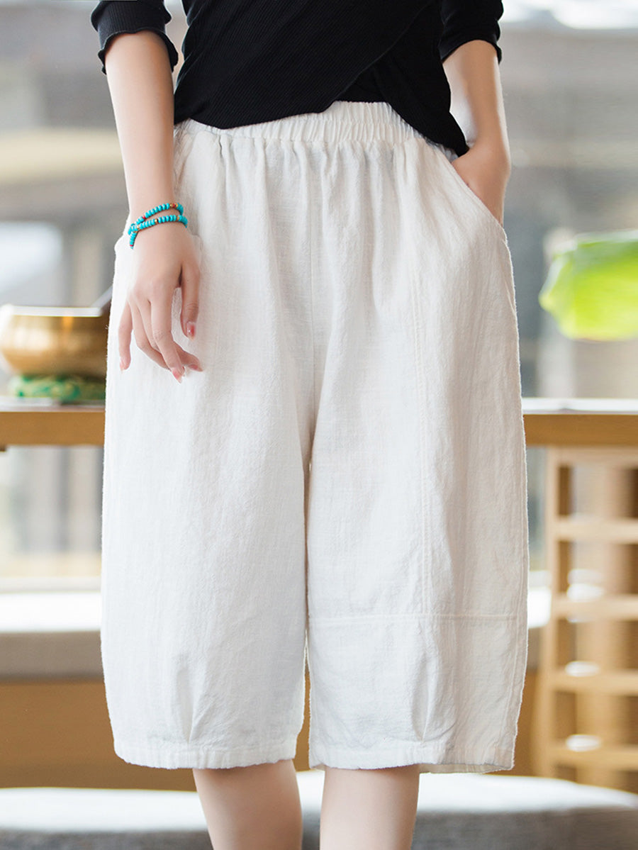 Women Summer Casual Ramie Cotton Solid Fifth Pants HH032