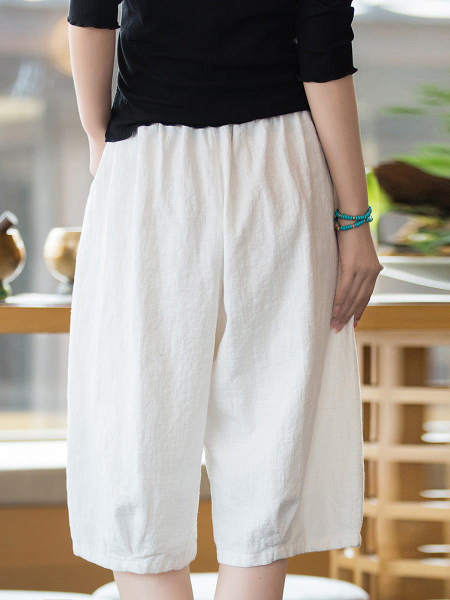 Women Summer Casual Ramie Cotton Solid Fifth Pants HH032