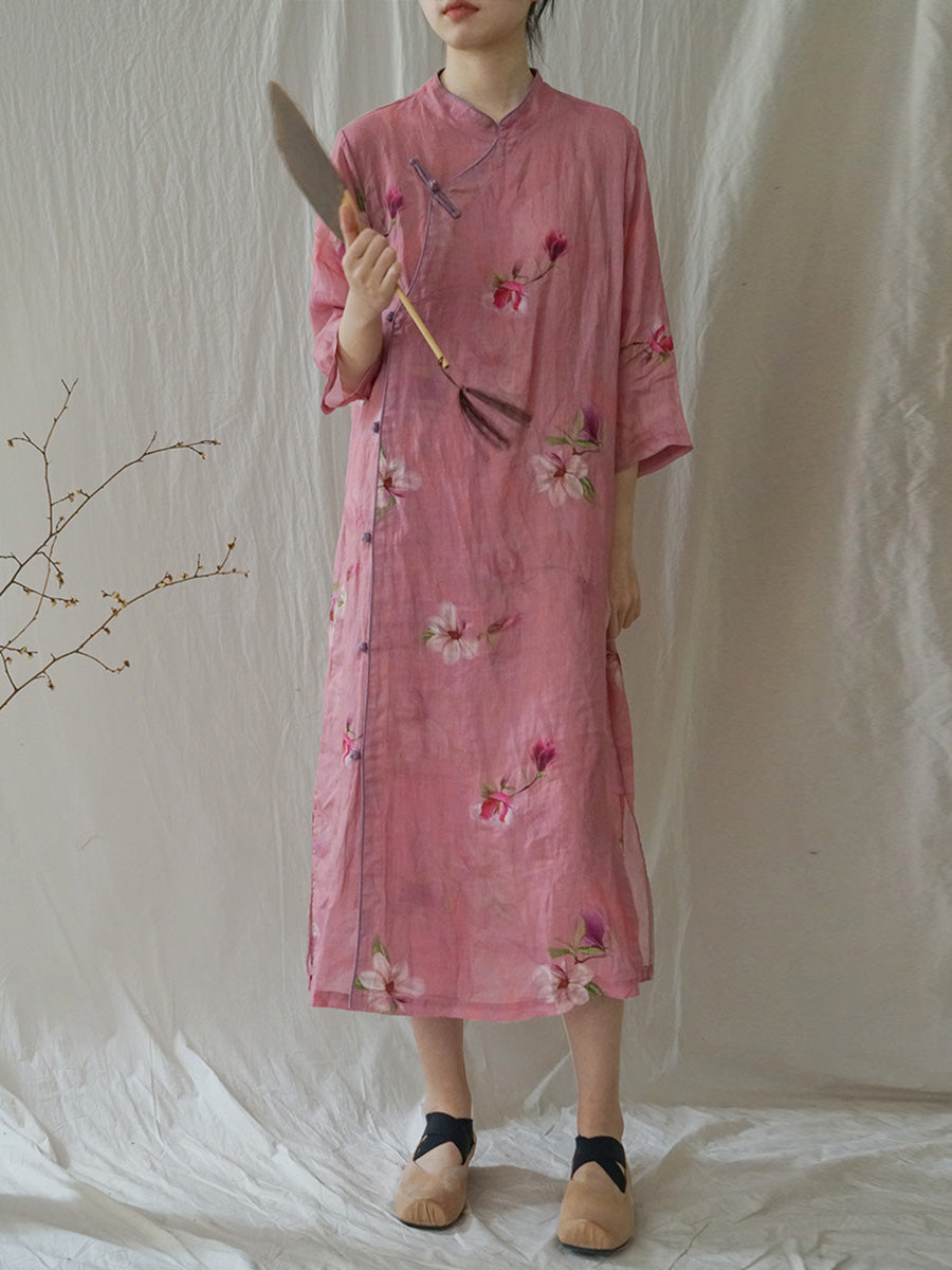 Robe d'été en ramie à fleurs artistiques pour femmes HH035