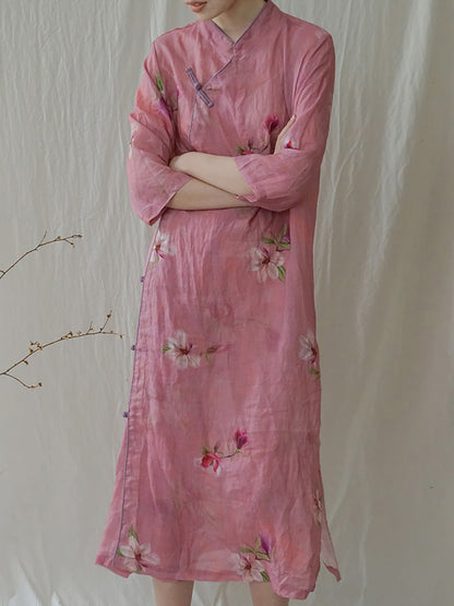 Women Summer Artsy Flower Ramie Robe Dress HH035