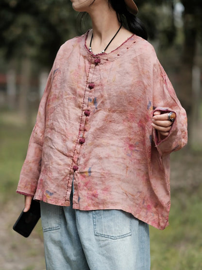 Women Summer Vintage Flower Button Ramie Loose Shirt HH036